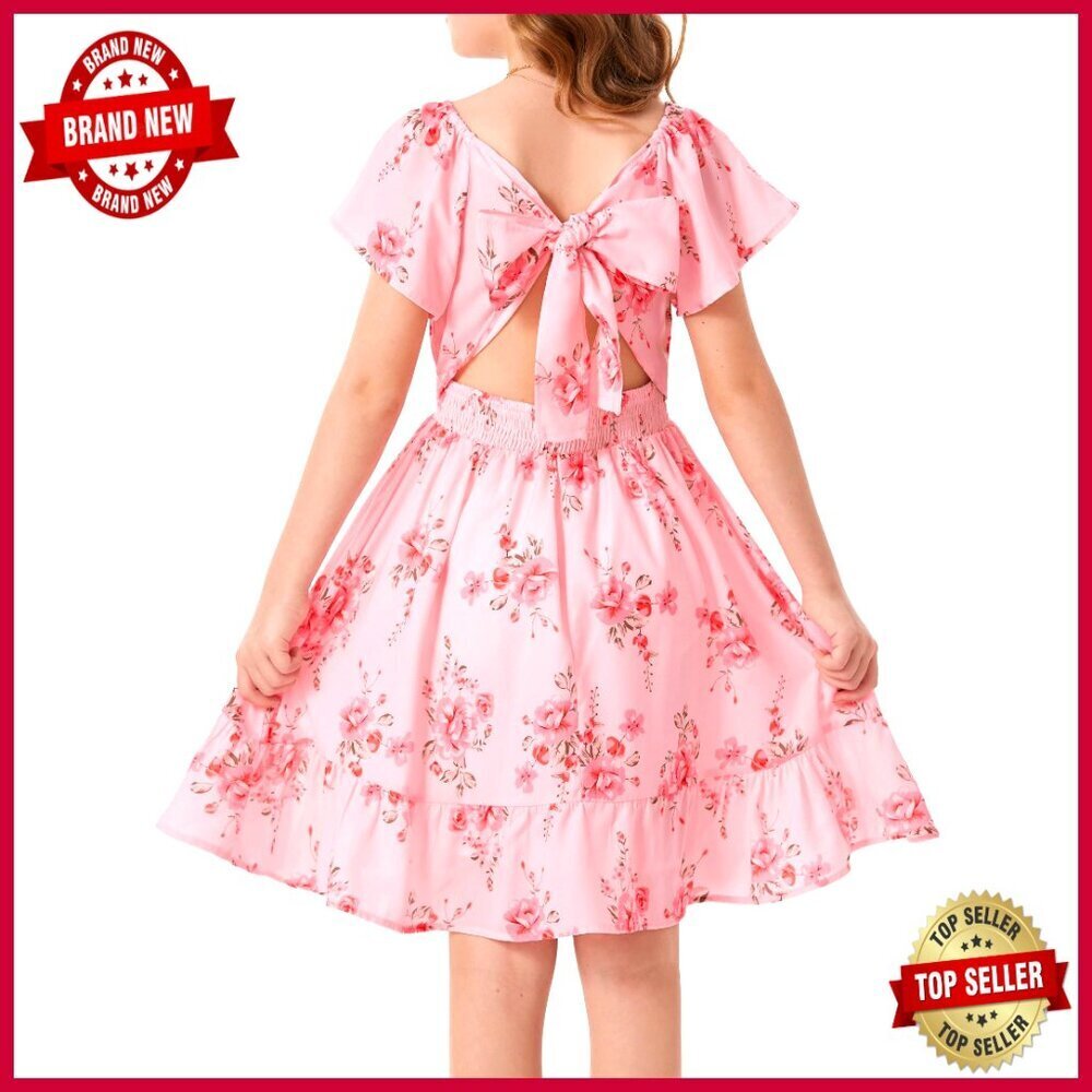 Girls Backless Floral Dress Formal Party Adjustable Bow Backless Elegant